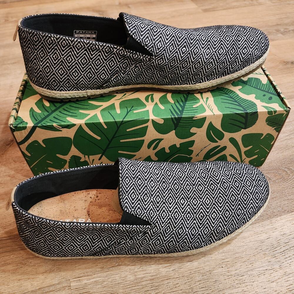 NEW Patara Seeker Slip On Loafer Espadrille Shoes Mens 14 Taj Black Geometric